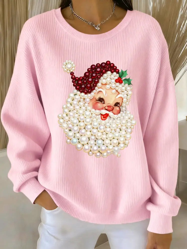 Women’s Christmas Pearl Santa Claus Print Casual Sweater Pink / S