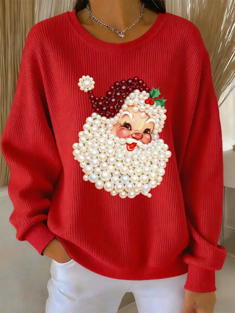 Women’s Christmas Pearl Santa Claus Print Casual Sweater Red / S