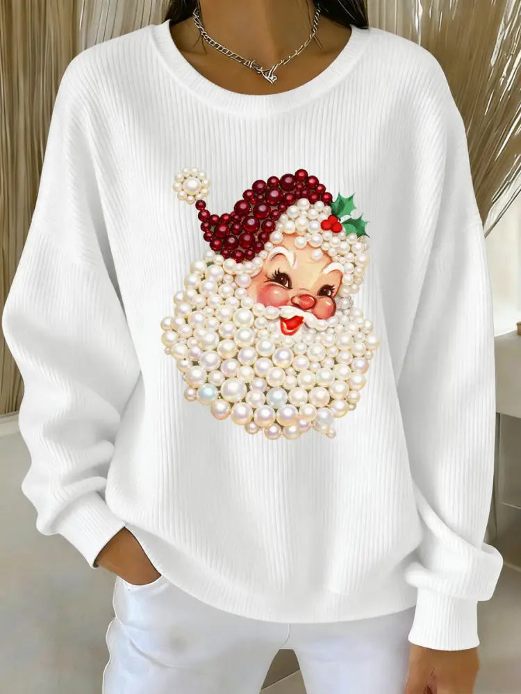Women’s Christmas Pearl Santa Claus Print Casual Sweater White / S