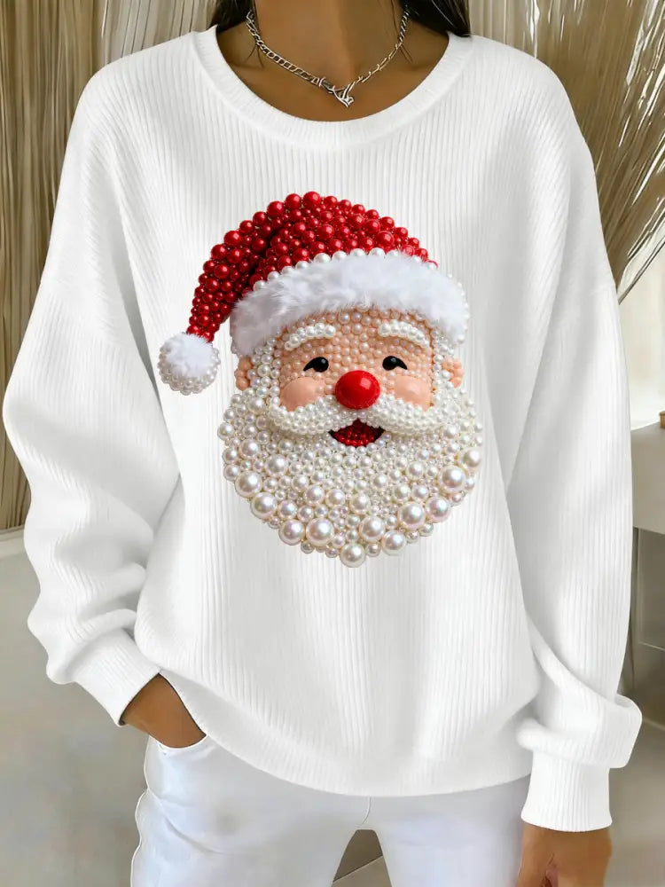 Women’s Christmas Pearl Santa Claus Print Casual Sweater White / S