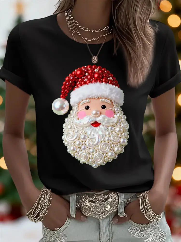 Women’s Christmas Pearl Santa Claus Print Casual Tee Black / S