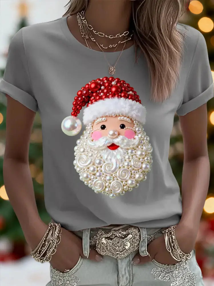 Women’s Christmas Pearl Santa Claus Print Casual Tee Light Gray / S