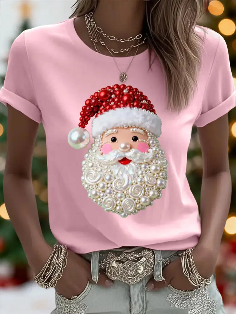 Women’s Christmas Pearl Santa Claus Print Casual Tee Light Pink / S