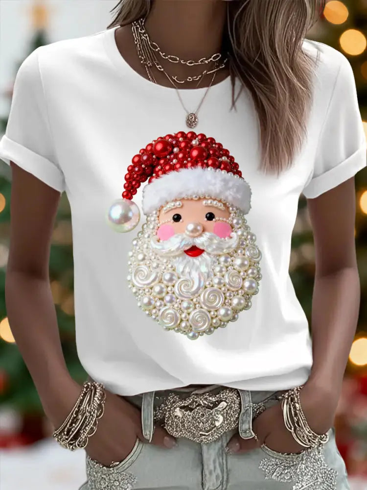 Women’s Christmas Pearl Santa Claus Print Casual Tee White / S