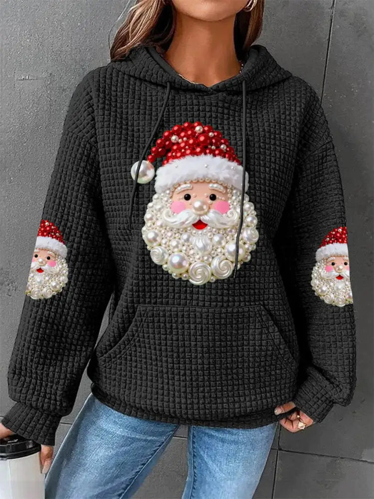 Women’s Christmas Pearl Santa Claus Print Casual Waffle Hoodie Black / S