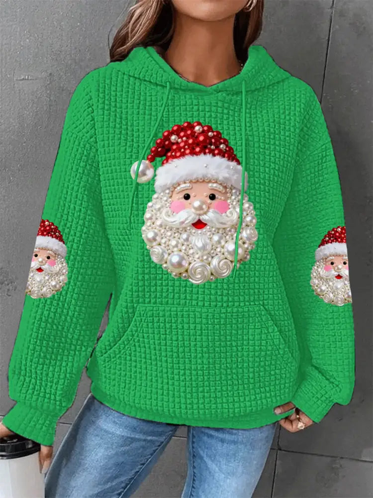 Women’s Christmas Pearl Santa Claus Print Casual Waffle Hoodie Green / S