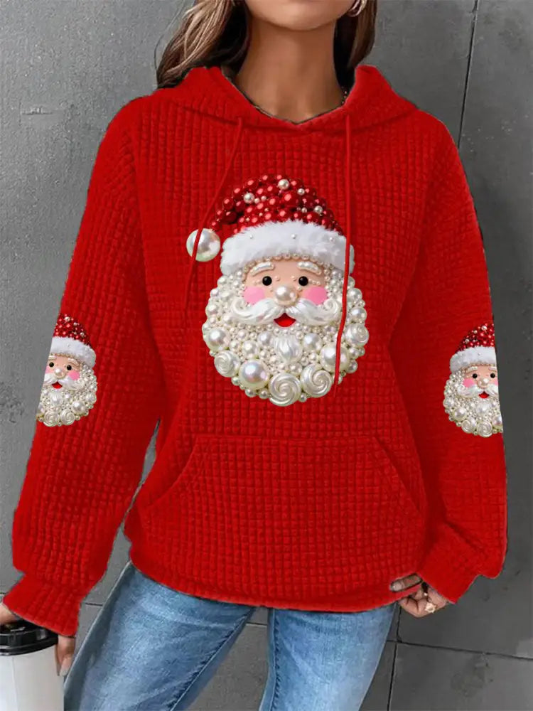 Women’s Christmas Pearl Santa Claus Print Casual Waffle Hoodie Red / S