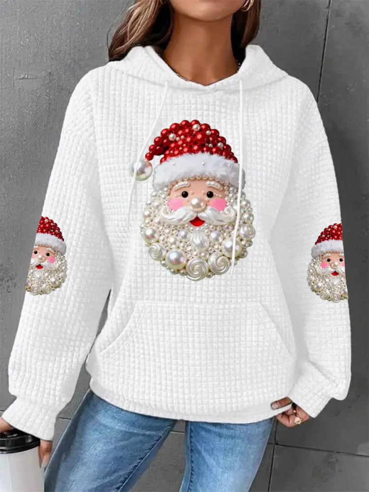 Women’s Christmas Pearl Santa Claus Print Casual Waffle Hoodie White / S