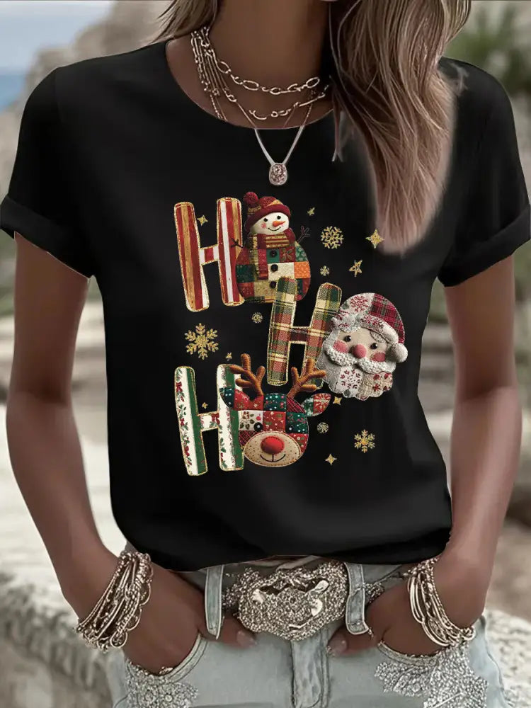 Women’s Christmas Print Casual T-shirt Black / S