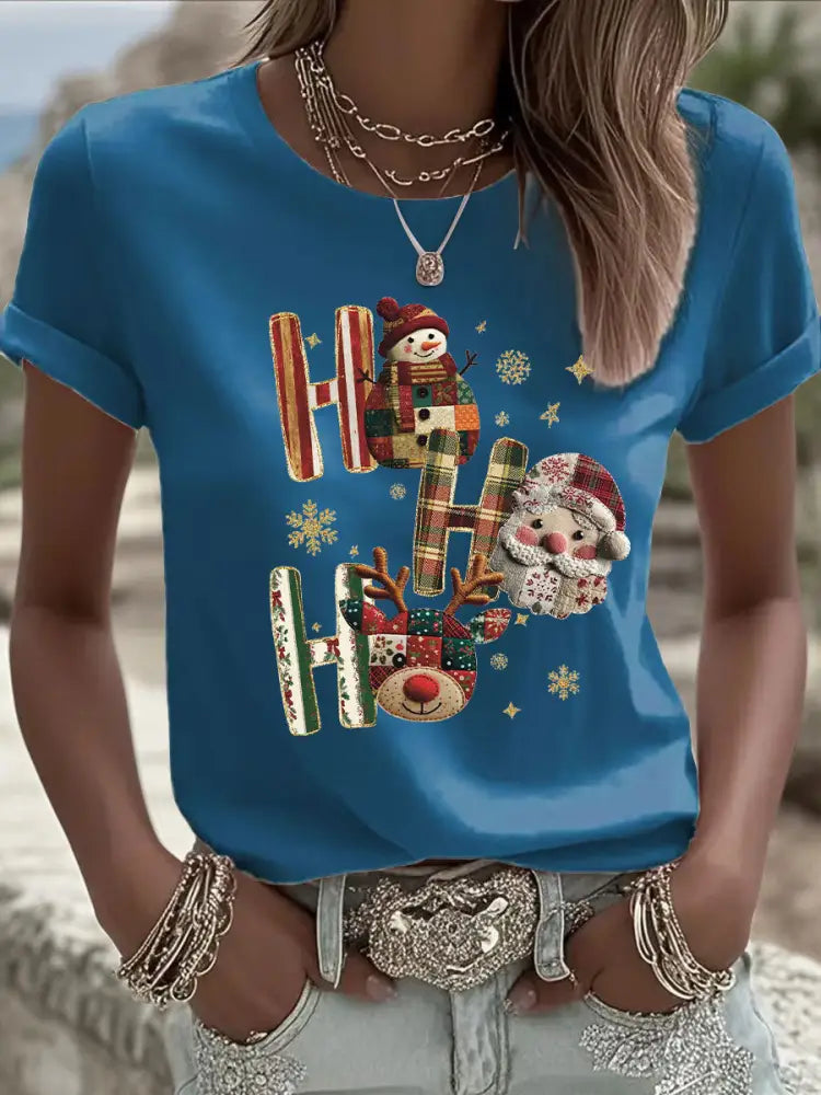 Women’s Christmas Print Casual T-shirt Blue / S