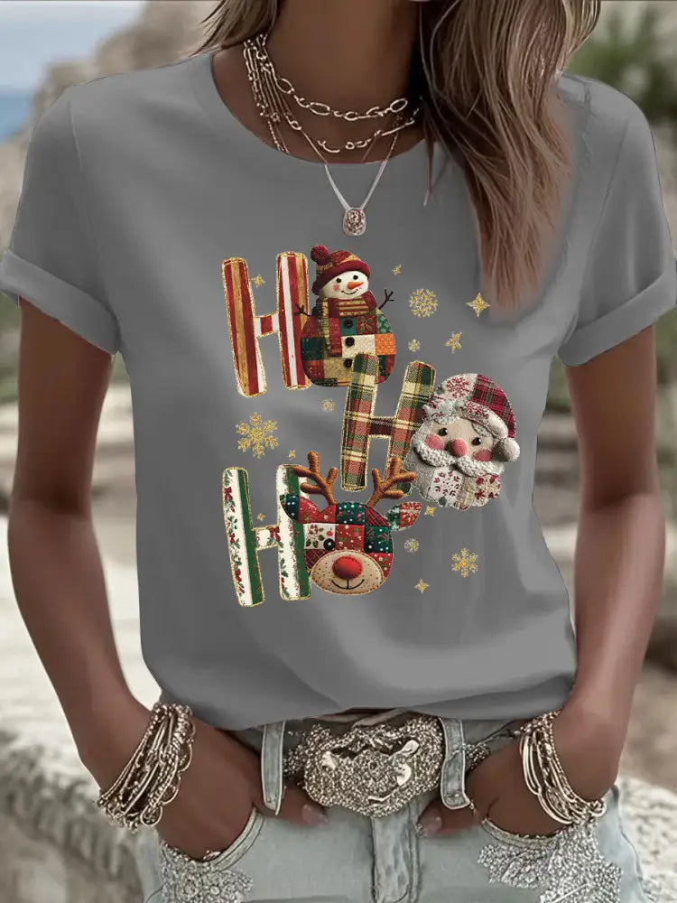 Women’s Christmas Print Casual T-shirt Gray / S