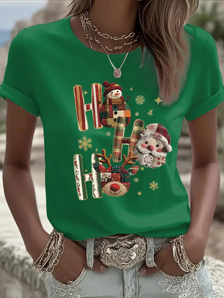 Women’s Christmas Print Casual T-shirt Green / S