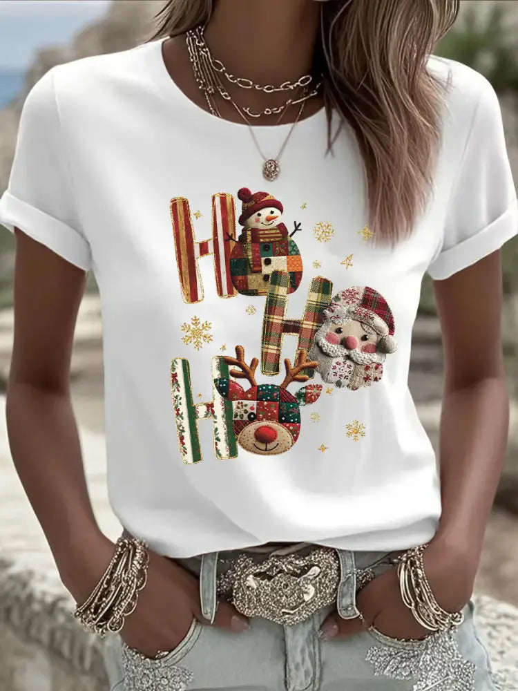 Women’s Christmas Print Casual T-shirt White / S