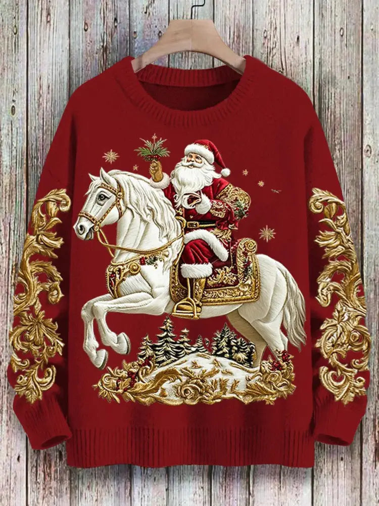 Women’s Christmas Santa Claus Print Art Casual Knitted Sweater Red / S