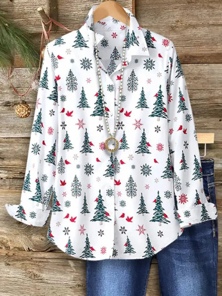 Women’s Christmas Tree Long Sleeved Shirt White / S