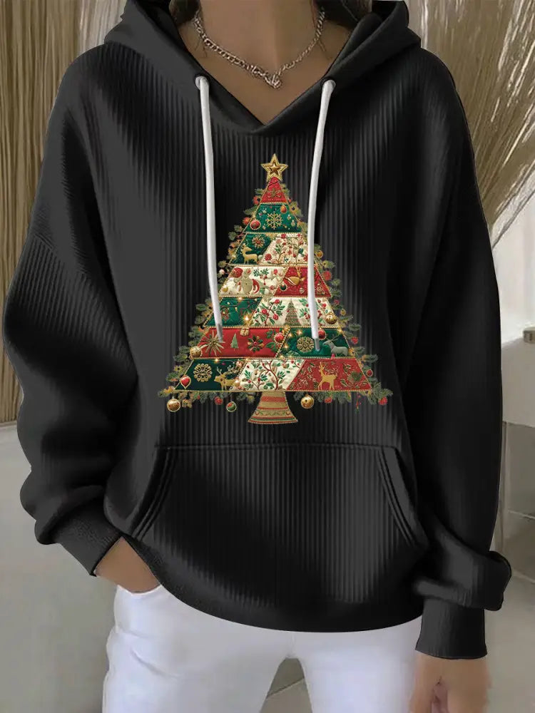 Women’s Christmas Tree Print Casual Hoodie Black / S
