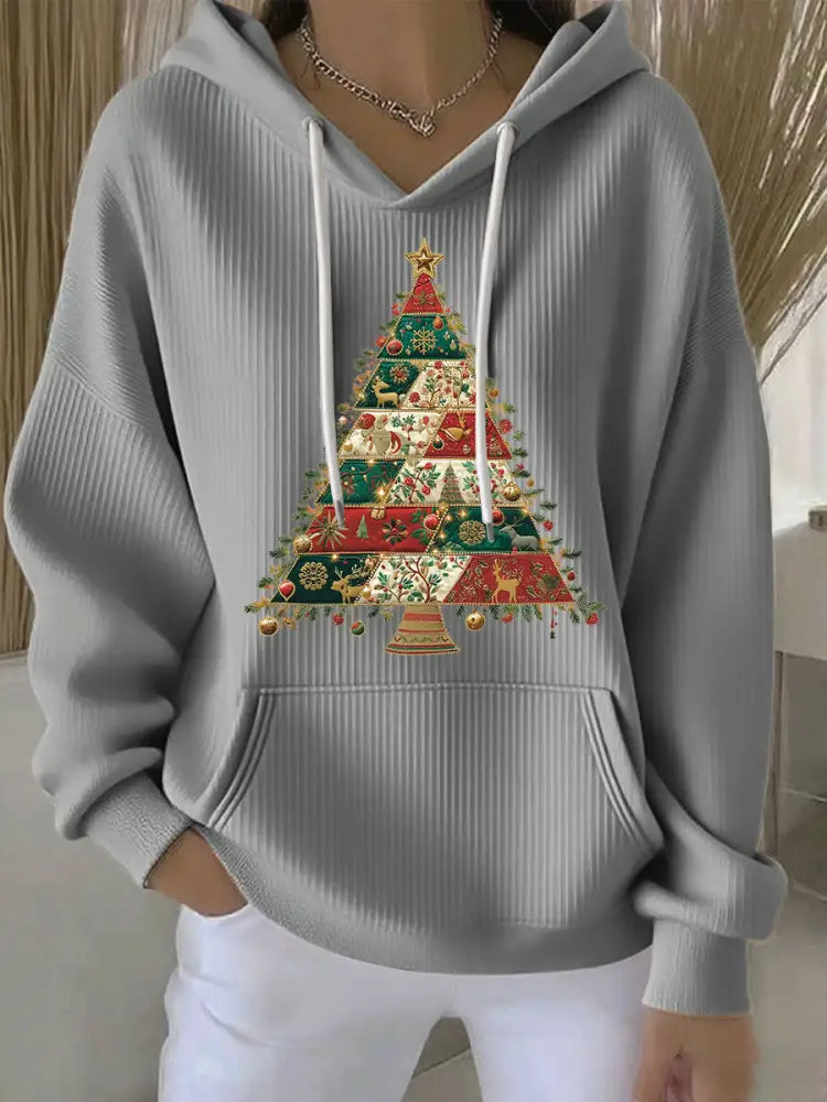 Women’s Christmas Tree Print Casual Hoodie Gray / S