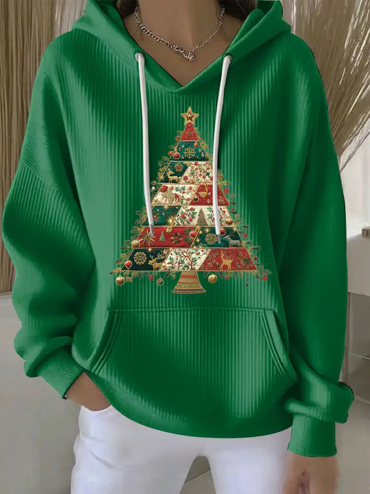 Women’s Christmas Tree Print Casual Hoodie Green / S