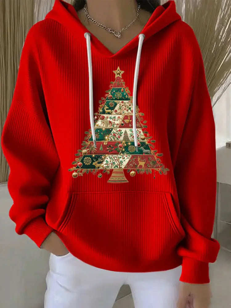 Women’s Christmas Tree Print Casual Hoodie Red / S