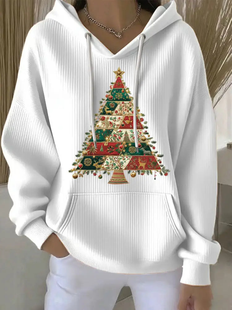 Women’s Christmas Tree Print Casual Hoodie White / S