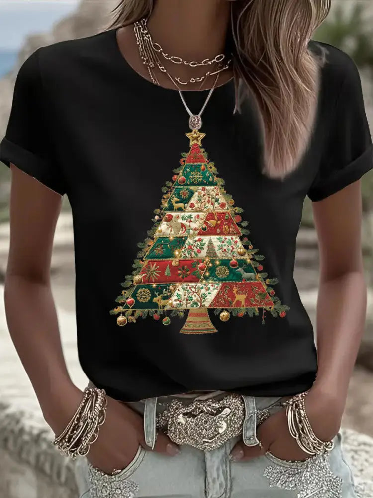 Women’s Christmas Tree Print Casual T-shirt Black / S