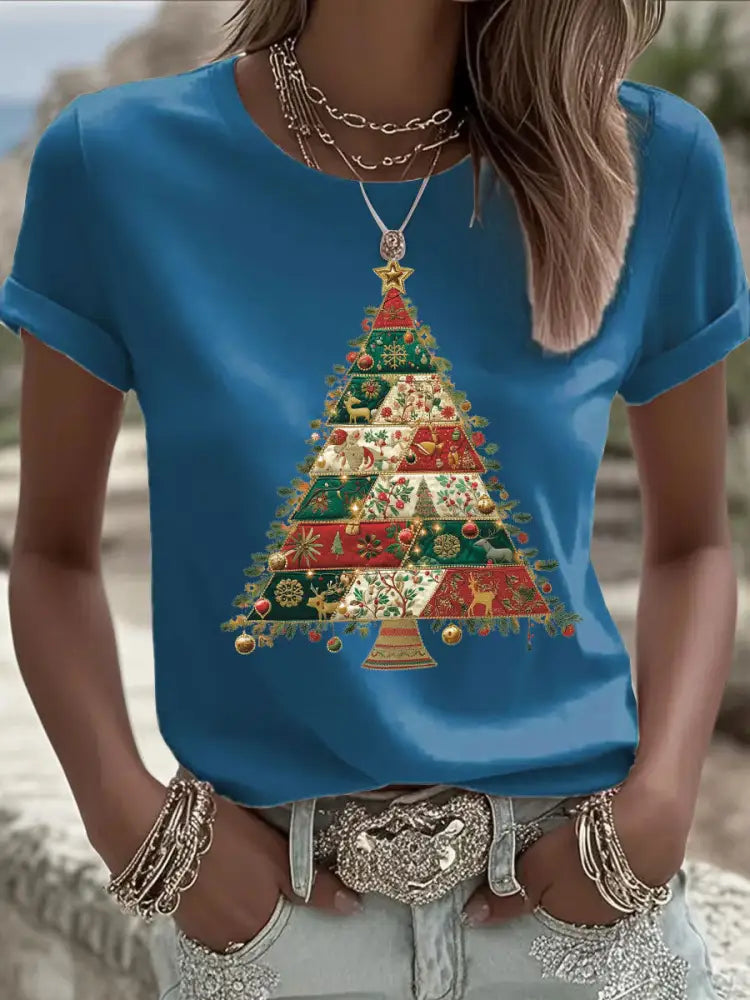 Women’s Christmas Tree Print Casual T-shirt Blue / S