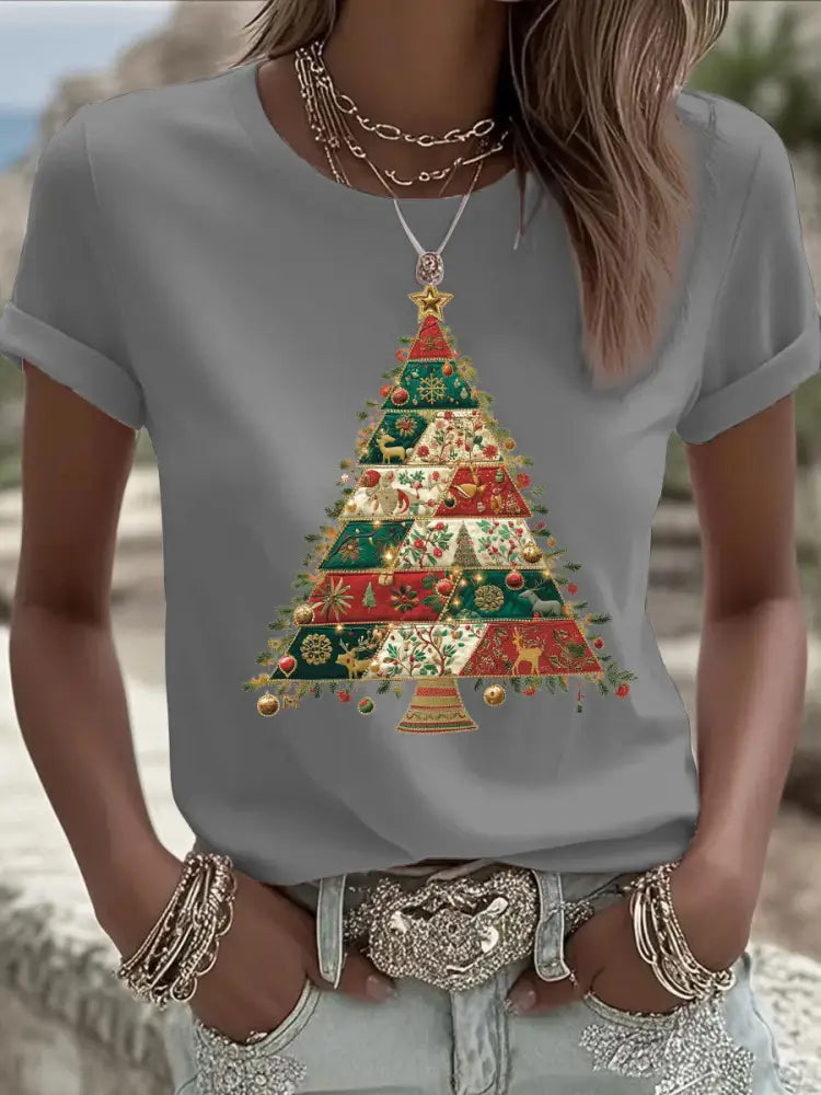 Women’s Christmas Tree Print Casual T-shirt Gray / S