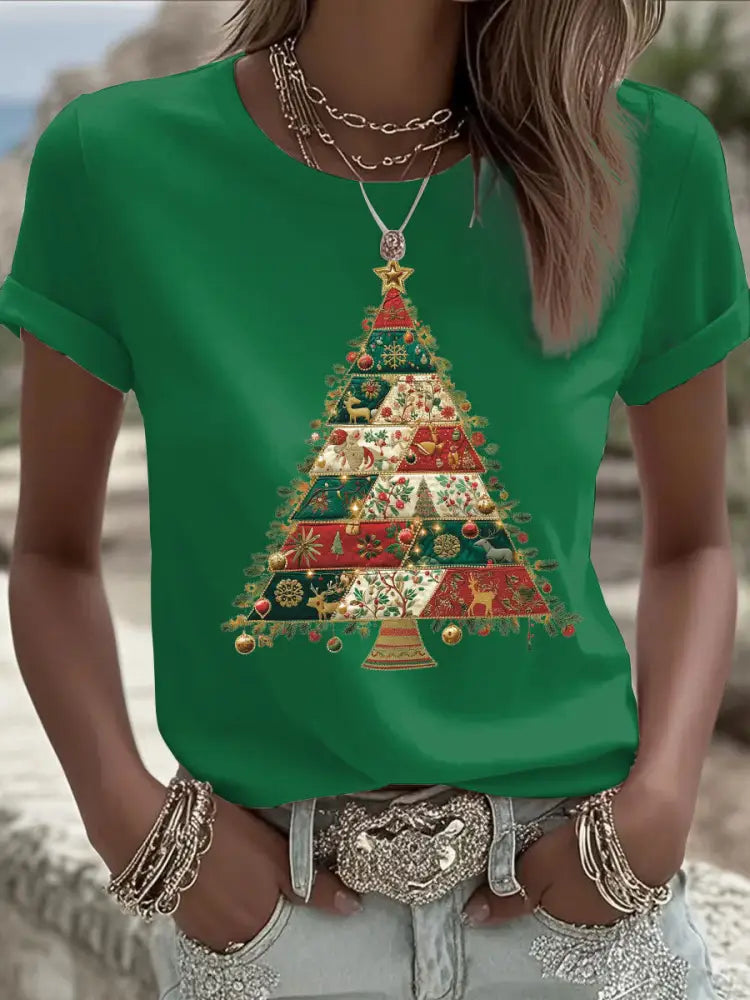Women’s Christmas Tree Print Casual T-shirt Green / S