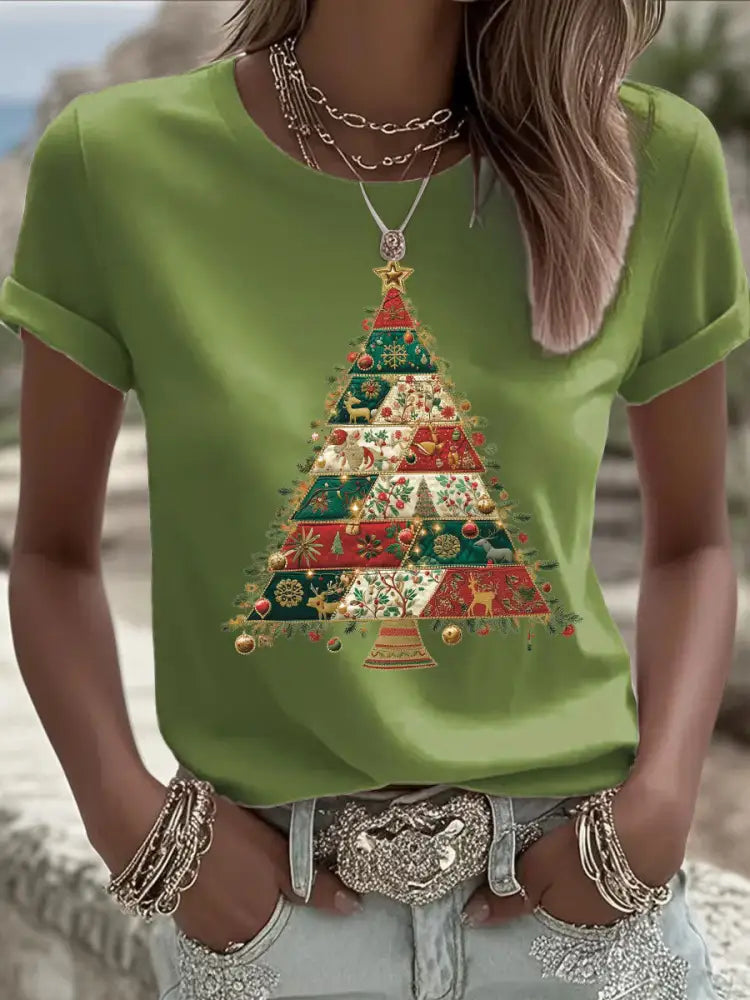 Women’s Christmas Tree Print Casual T-shirt Light Green / S