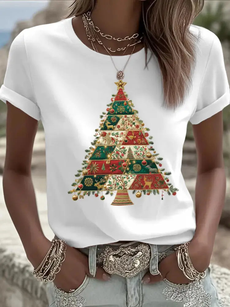 Women’s Christmas Tree Print Casual T-shirt White / S