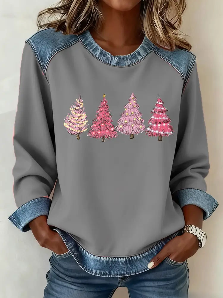 Women’s Christmas Tree Print Casual Top Gray / S