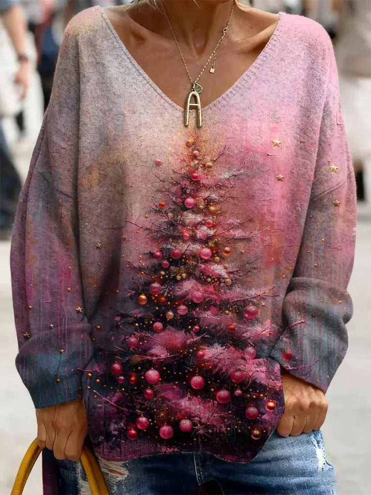 Women’s Christmas Tree Print V Neck Top As picture / S