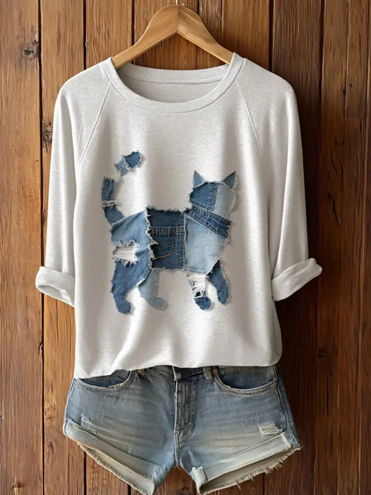 Women’s Cute Cat Patchwork Art Long Sleeve T-Shirt White / S