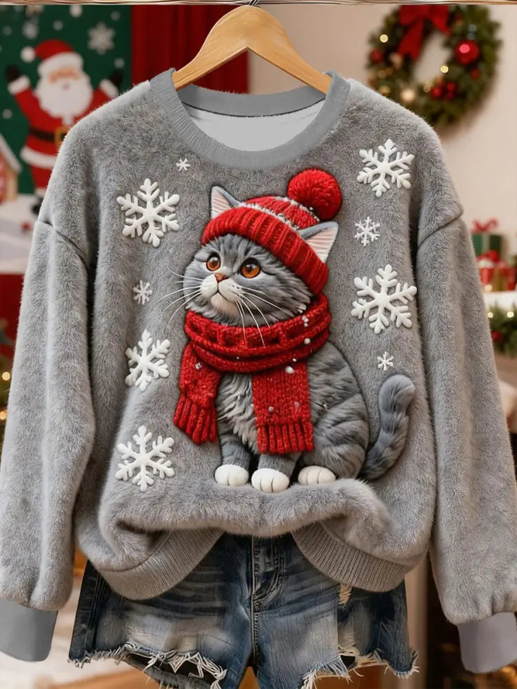 Women’s Cute Christmas Cat Art Print Casual Flannel Sweatshirt Gray / S