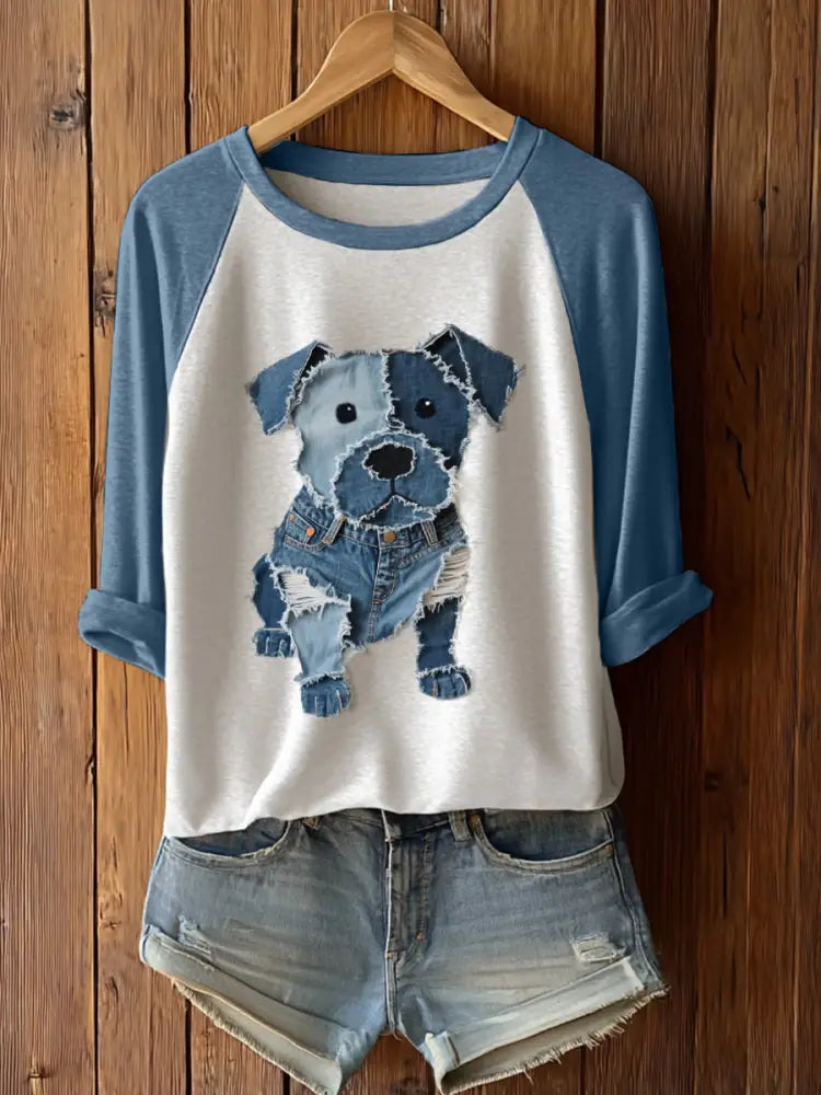 Women’s Cute Dog Patchwork Art Long Sleeve T-Shirt Blue / S