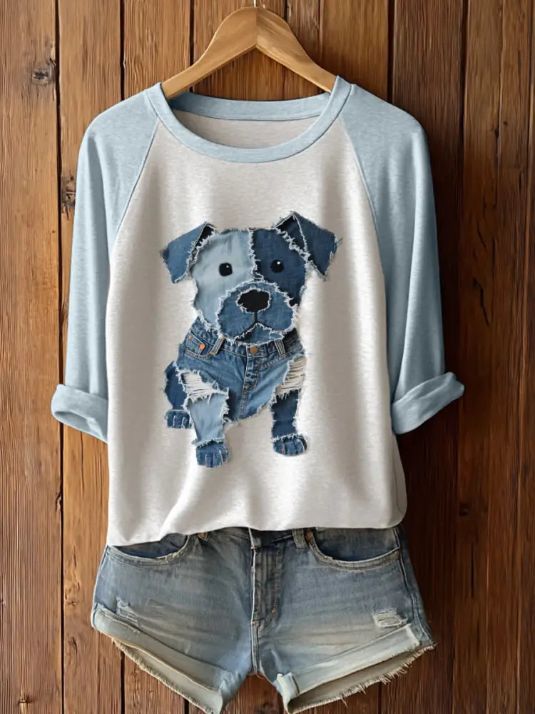 Women’s Cute Dog Patchwork Art Long Sleeve T-Shirt Light Blue / S