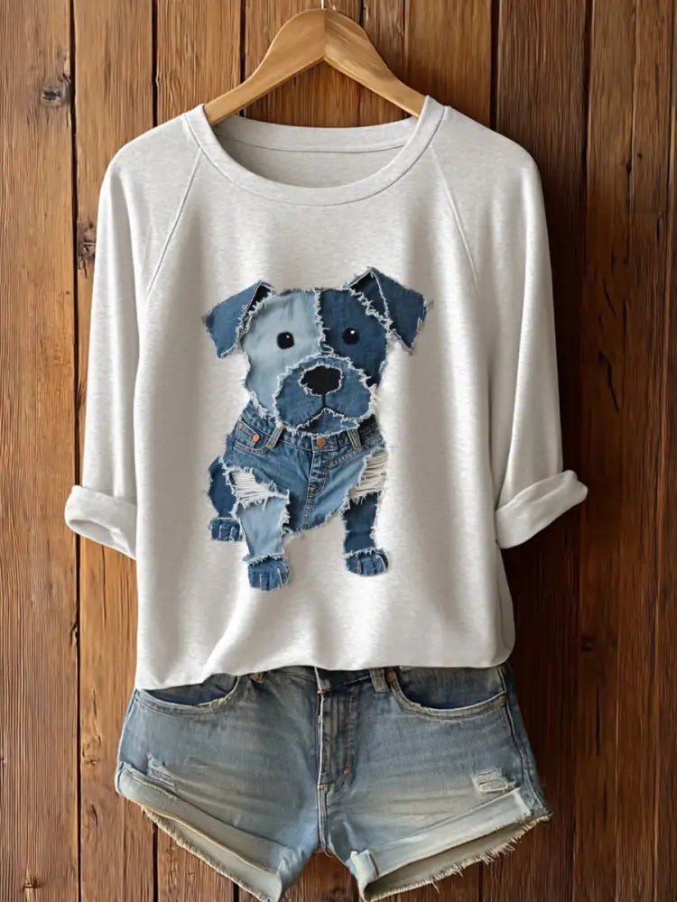 Women’s Cute Dog Patchwork Art Long Sleeve T-Shirt White / S