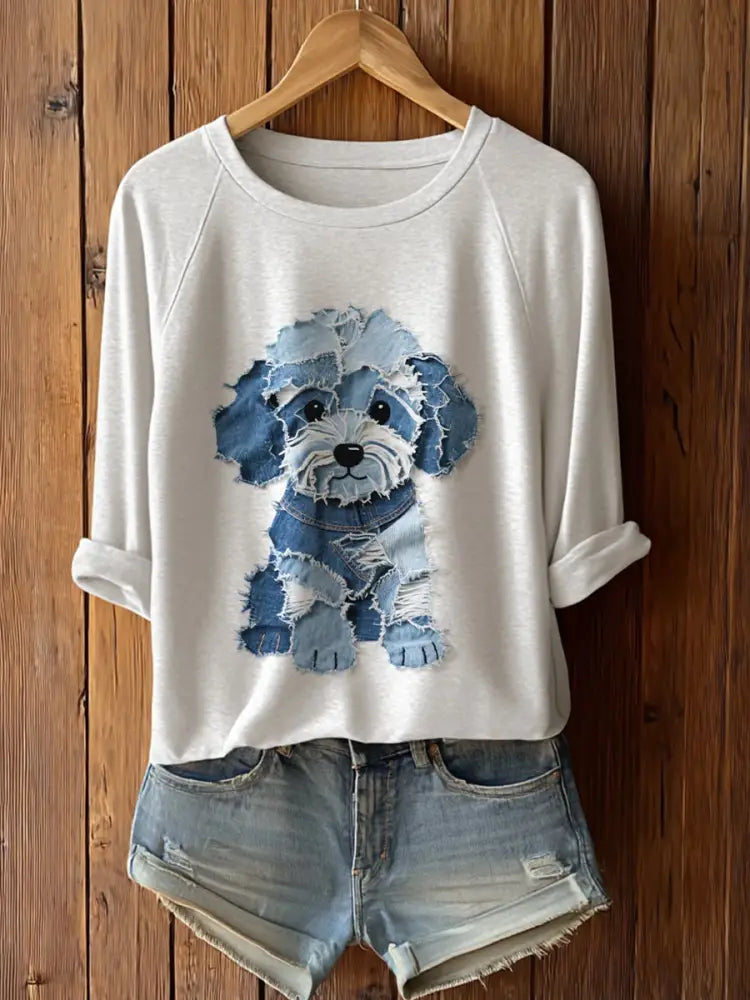 Women’s Cute Dog Patchwork Art Long Sleeve T-Shirto White / S