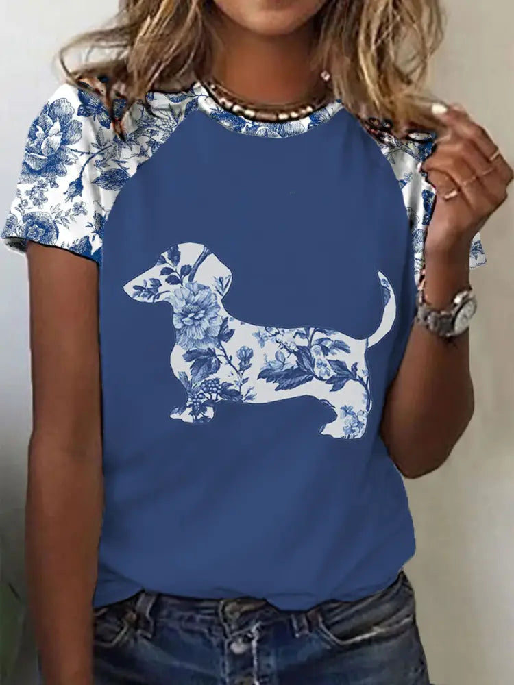 Women’s Dachshund Floral Print T-Shirt Blue / S