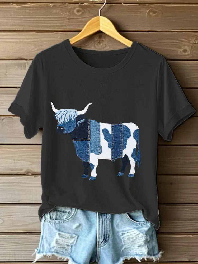 Women’s Denim Highland Cow T-shirt Black / S