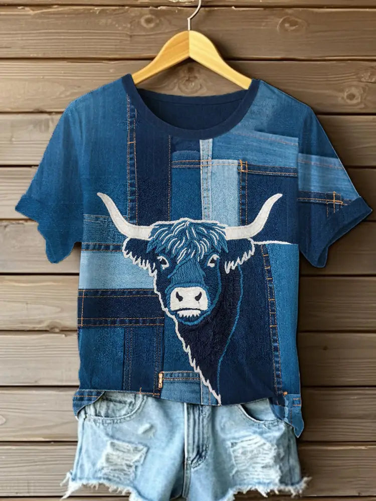 Women’s Denim Highland Cow T-shirt Blue / S