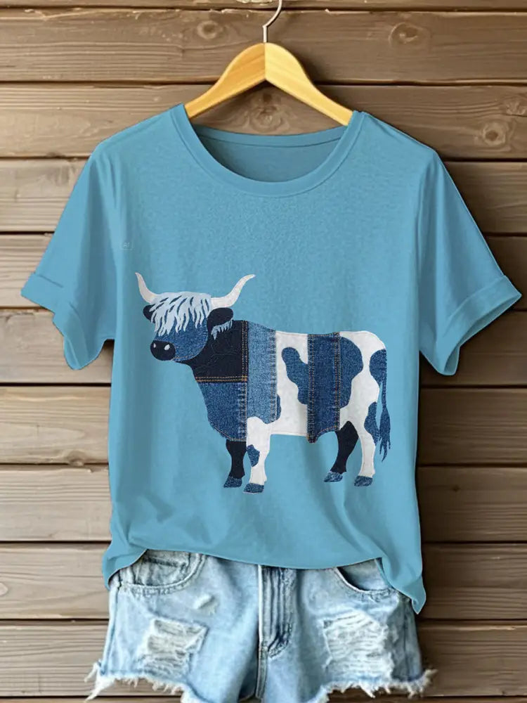 Women’s Denim Highland Cow T-shirt Light Blue / S