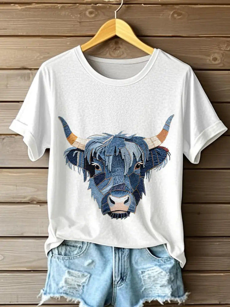 Women’s Denim Highland Cow T-shirt White / S