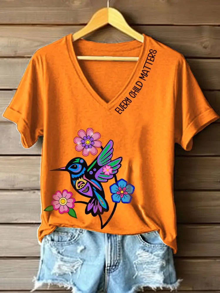 Women’s Every Child Matters Floral Print V-Neck T-Shirt Orange / S