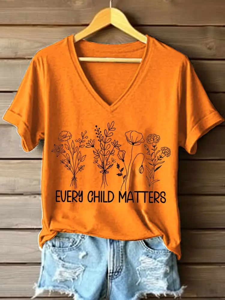 Women’s Every Child Matters Floral Print V-Neck T-Shirt Orange / S