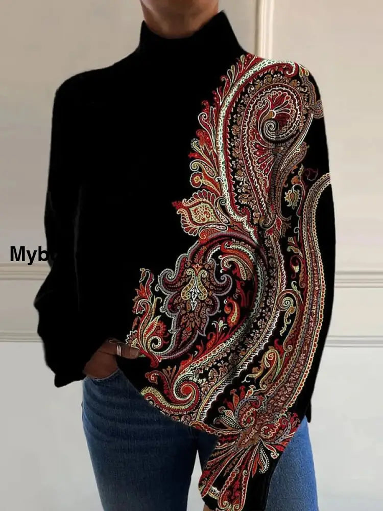 Women’s Fashion Retro Art Print High-Neck Long-Sleeved Sweater A / S