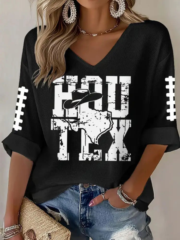 Women’s Football Fans Gameday Casual V neck Top Black / S