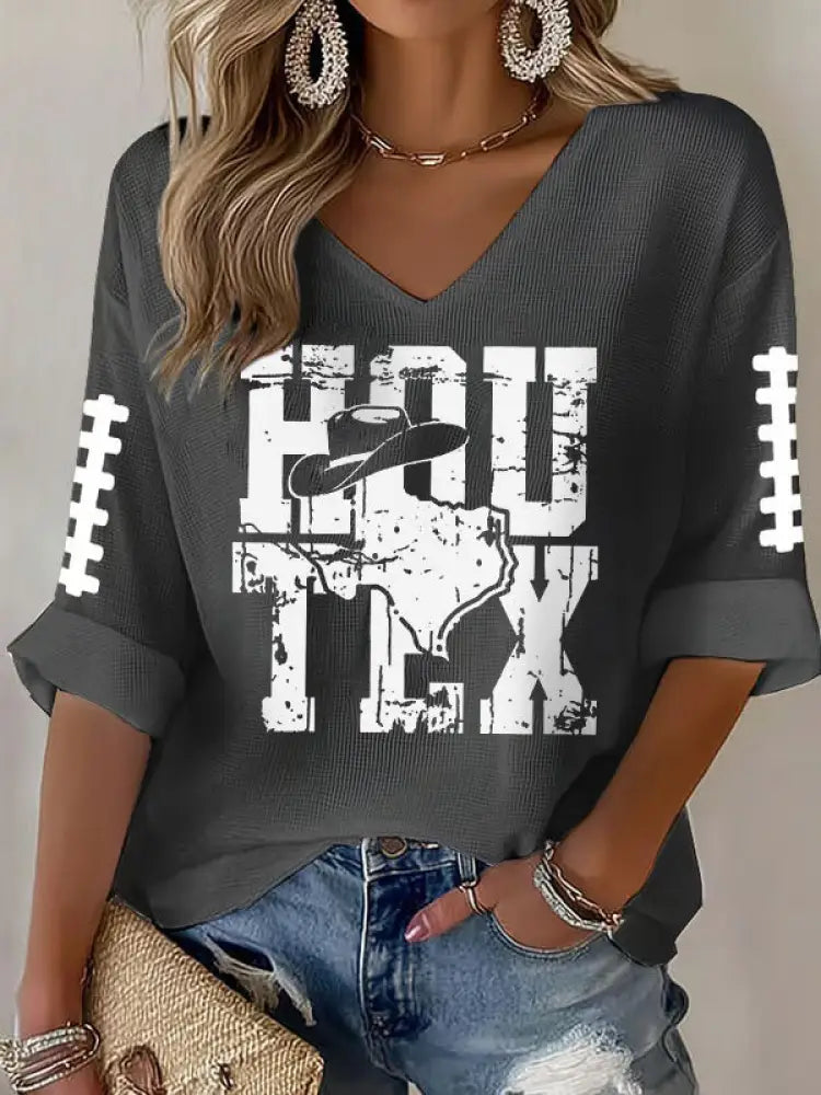Women’s Football Fans Gameday Casual V neck Top Gray / S