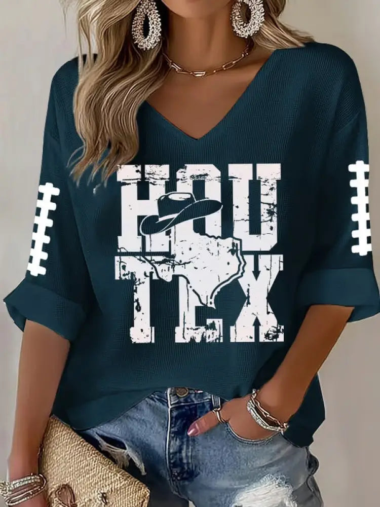 Women’s Football Fans Gameday Casual V neck Top Navy Blue / S