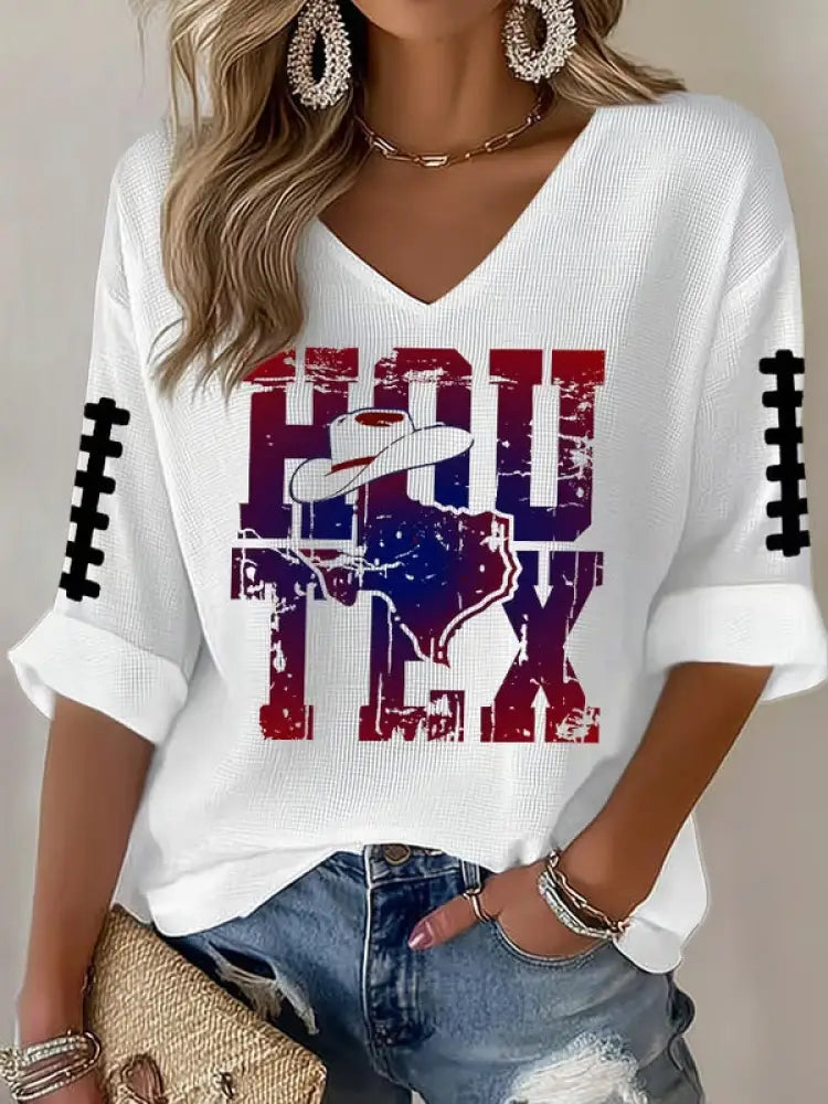Women’s Football Fans Gameday Casual V neck Top White / S
